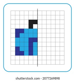 Picture reflection educational game for kids. Learn to complete symmetrical worksheets for preschool activities. Tasks for coloring grid pages, picture mosaics, or pixel art. Finish the suitcase.