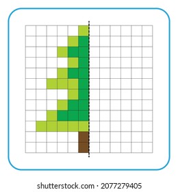 Picture reflection educational game for kids. Learn to complete symmetrical worksheets for preschool activities. Tasks for coloring grid pages, picture mosaics, or pixel art. Finish the pine trees.