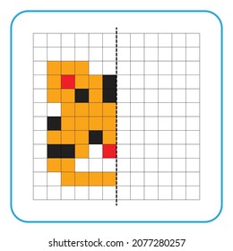 Picture reflection educational game for kids. Learn to complete symmetrical worksheets for preschool activities. Tasks for coloring grid pages, picture mosaics, or pixel art. Finish the tiger face.