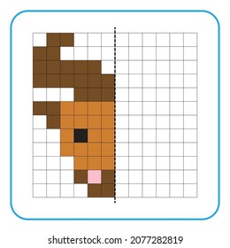 Picture reflection educational game for kids. Learn to complete symmetrical worksheets for preschool activities. Tasks for coloring grid pages, picture mosaics, or pixel art. Finish the bull face.