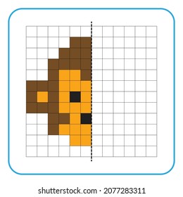 Picture reflection educational game for kids. Learn to complete symmetrical worksheets for preschool activities. Tasks for coloring grid pages, picture mosaics, or pixel art. Finish the monkey face.