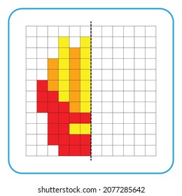 Picture reflection educational game for kids. Learn to complete symmetrical worksheets for preschool activities. Tasks for coloring grid pages, picture mosaics, or pixel art. Finish the french fries