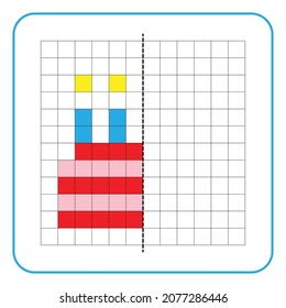 Picture reflection educational game for kids. Learn to complete symmetrical worksheets for preschool activities. Tasks for coloring grid pages, picture mosaics, or pixel art. Finish the birthday cake.