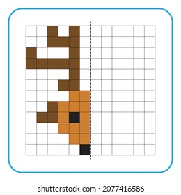 Picture reflection educational game for kids. Learn to complete symmetrical worksheets for preschool activities. Tasks for coloring grid pages, picture mosaics, or pixel art. Finish the reindeer.