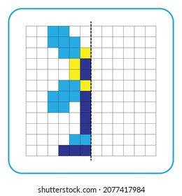 Picture reflection educational game for kids. Learn to complete symmetrical worksheets for preschool activities. Tasks for coloring grid pages, picture mosaics, or pixel art. Finish the windmill.