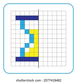 Picture reflection educational game for kids. Learn to complete symmetrical worksheets for preschool activities. Tasks for coloring grid pages, picture mosaics, or pixel art. Finish the hourglass.