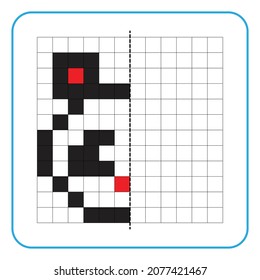 Picture reflection educational game for kids. Learn to complete symmetrical worksheets for preschool activities. Tasks for coloring grid pages, picture mosaics, or pixel art. Finish the panda face.