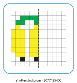 Picture reflection educational game for kids. Learn to complete symmetrical worksheets for preschool activities. Tasks for coloring grid pages, picture mosaics, or pixel art. Finish the banana fruit.