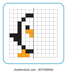 Picture reflection educational game for kids. Learn to complete symmetrical worksheets for preschool activities. Tasks for coloring grid pages, picture mosaics, or pixel art. Finish the little penguin