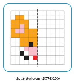 Picture reflection educational game for kids. Learn to complete symmetrical worksheets for preschool activities. Tasks for coloring grid pages, picture mosaics, or pixel art. Finish the mouse face.