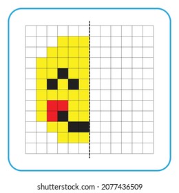 Picture reflection educational game for kids. Learn to complete symmetrical worksheets for preschool activities. Tasks for coloring grid pages, picture mosaics, or pixel art. Finish the shy smile.