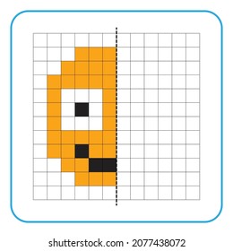 Picture reflection educational game for kids. Learn to complete symmetrical worksheets for preschool activities. Tasks for coloring grid pages, picture mosaics, or pixel art. Finish the smile face.