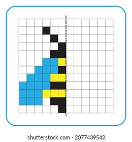 Picture reflection educational game for kids. Learn to complete symmetrical worksheets for preschool activities. Tasks for coloring grid pages, picture mosaics, or pixel art. Finish the honey bee.