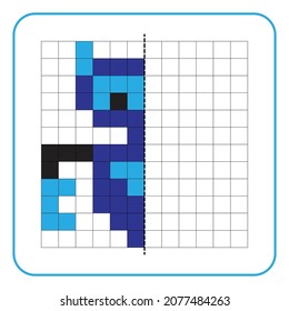 Picture reflection educational game for kids. Learn to complete symmetrical worksheets for preschool activities. Tasks for coloring grid pages, picture mosaics, or pixel art. Finish the robot.