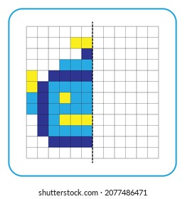 Picture reflection educational game for kids. Learn to complete symmetrical worksheets for preschool activities. Tasks for coloring grid pages, picture mosaics, or pixel art. Finish the robot face.