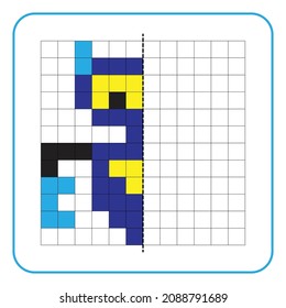 Picture reflection educational game for kids. Learn to complete symmetrical worksheets for preschool activities. Tasks for coloring grid pages, picture mosaics, or pixel art. Finish the robot.