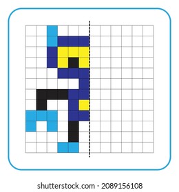 Picture reflection educational game for kids. Learn to complete symmetrical worksheets for preschool activities. Tasks for coloring grid pages, picture mosaics, or pixel art. Finish the robot.