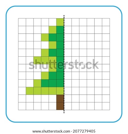 Picture reflection educational game for kids. Learn to complete symmetrical worksheets for preschool activities. Tasks for coloring grid pages, picture mosaics, or pixel art. Finish the pine trees.