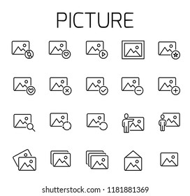 Picture related vector icon set. Well-crafted sign in thin line style with editable stroke. Vector symbols isolated on a white background. Simple pictograms.