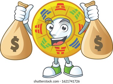 A picture of rich chinese circle feng shui cartoon character with two money bags