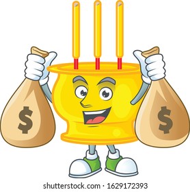 A picture of rich chinese gold incense cartoon character with two money bags