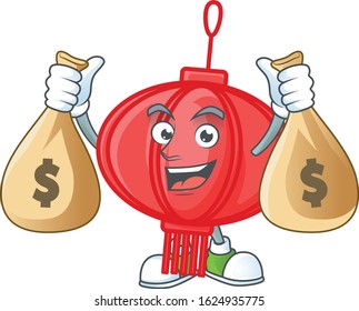 A picture of rich chinese lampion cartoon character with two money bags
