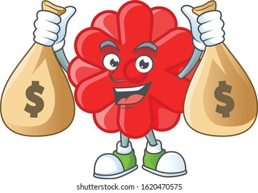 A picture of rich chinese red flower cartoon character with two money bags