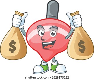 A picture of rich chinese red tops toy cartoon character with two money bags
