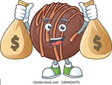 A picture of rich chocolate praline ball cartoon character with two money bags