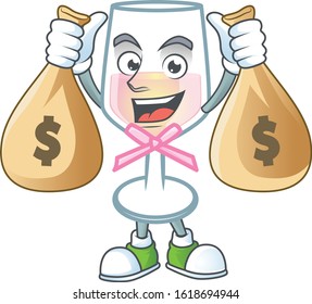 A picture of rich pink glass of wine cartoon character with two money bags