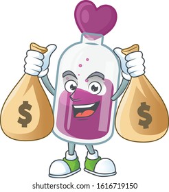 A picture of rich purple potion cartoon character with two money bags