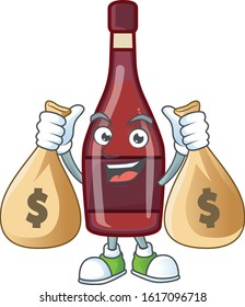 A picture of rich red bottle wine cartoon character with two money bags