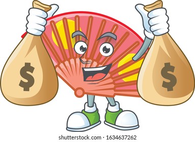 A picture of rich red chinese folding fan cartoon character with two money bags