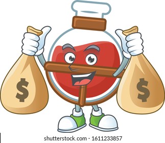 A picture of rich red potion cartoon character with two money bags