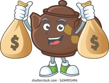 A picture of rich teapot cartoon character with two money bags