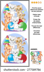 Picture riddle or visual puzzle: Find the seven differences between the two pictures of four playful kittens with toys. Answer included.
