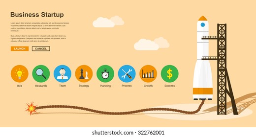 Picture Of A Rocket With Flaming Safety Fuse And With Icons, Flat Style Concept For Business Startup, New Product Or Service Launch