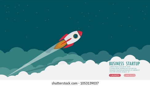 Picture of rocket flying above clouds, business startup banner concept, flat style illustration
