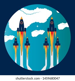 picture of rocket flying above clouds, business startup banner concept, flat style illustration
