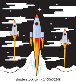 picture of rocket flying above clouds, business startup banner concept, flat style illustration
