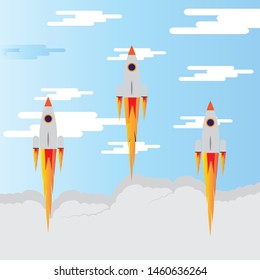 picture of rocket flying above clouds, business startup banner concept, flat style illustration
