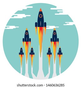 picture of rocket flying above clouds, business startup banner concept, flat style illustration
