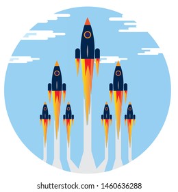 picture of rocket flying above clouds, business startup banner concept, flat style illustration
