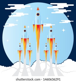 picture of rocket flying above clouds, business startup banner concept, flat style illustration
