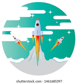 Picture of rocket flying above clouds, business startup banner concept, flat style illustration
