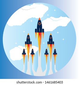 Picture of rocket flying above clouds, business startup banner concept, flat style illustration
