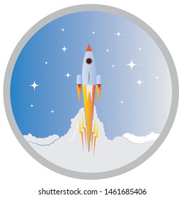 Picture of rocket flying above clouds, business startup banner concept, flat style illustration
