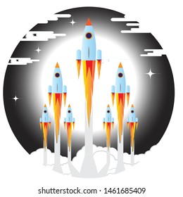 Picture of rocket flying above clouds, business startup banner concept, flat style illustration
