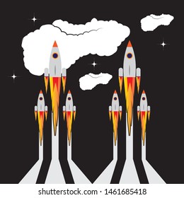 Picture of rocket flying above clouds, business startup banner concept, flat style illustration
