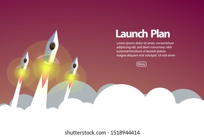Picture of rocket flying above clouds, business startup banner concept, flat style illustration